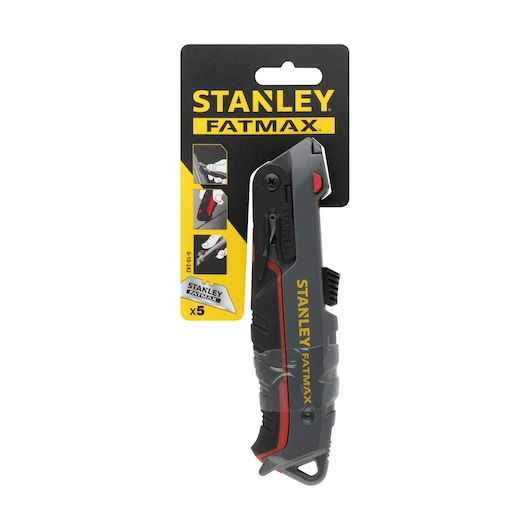 STANLEY 0-10-242 FATMAX utility knife front view, black and red ergonomic handle in packaging.