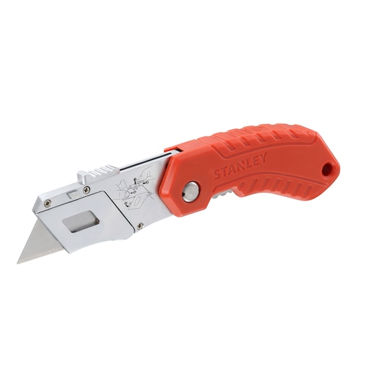 STANLEY 0-10-243 folding utility knife with orange ergonomic handle, silver blade, left side view, on white background.