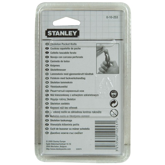 STANLEY 0-10-253 packaging for skeleton pocket knife, rear view with multilingual product details and barcode.