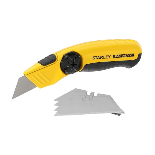 STANLEY 0-10-780 folding utility knife with yellow handle and spare blades, product photography, angled view.