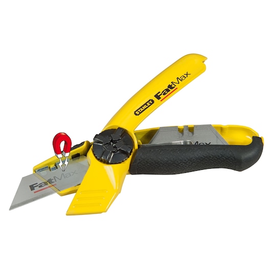 STANLEY 0-10-780 utility knife with yellow and black handle, open position, FatMax branding, white background.