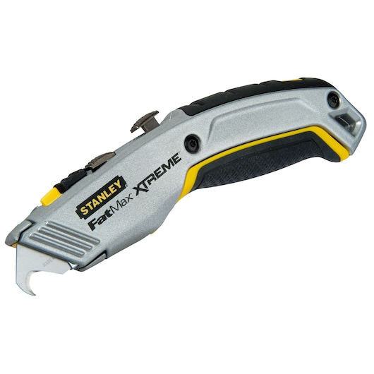 Photo of STANLEY 0-10-789 utility knife, silver with black and yellow handle, side angle on white background.