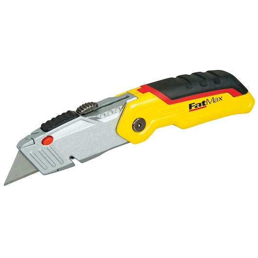 Photo of STANLEY 0-10-825 utility knife with yellow and black handle, angled left on white background.