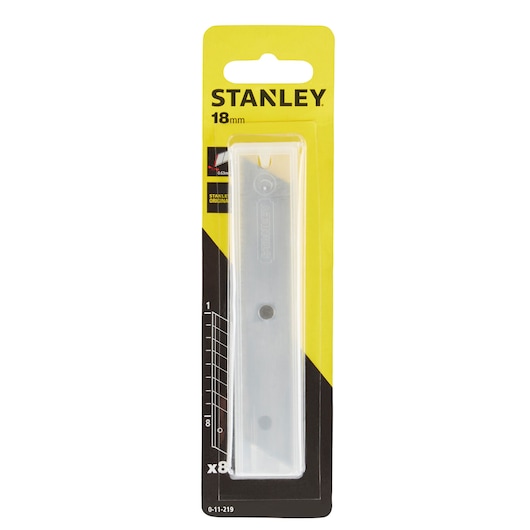 STANLEY 0-11-219 18mm utility knife blade pack, front angle, yellow and black packaging