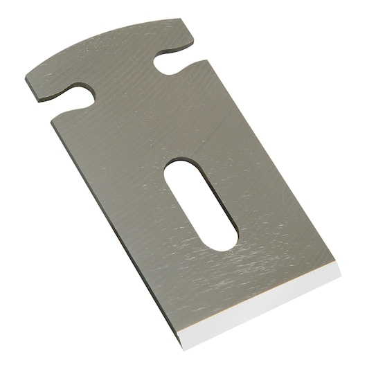 STANLEY 0-12-133 replacement plane blade, silver metal, top view on white background.