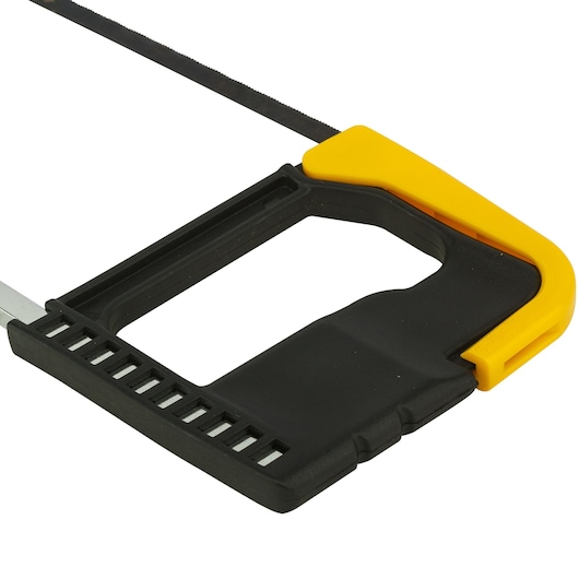 STANLEY 0-15-218 hacksaw with black and yellow handle, close-up on white background