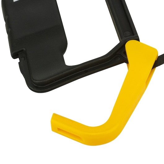 STANLEY 0-15-218 photography of close-up black and yellow hand saw frame on white background.