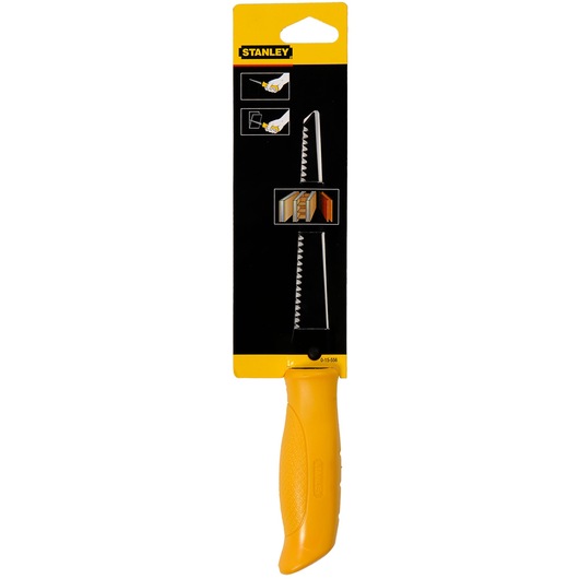 STANLEY 0-15-556 drywall saw with yellow handle, front angle, in retail packaging.
