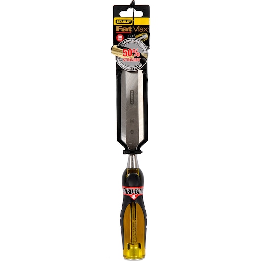 STANLEY 0-16-262 wood chisel with black and yellow handle, FatMax series, front angle on white background.