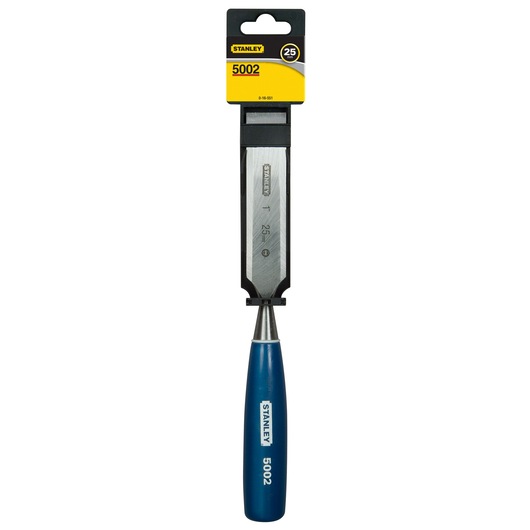 STANLEY 0-16-551 chisel with blue handle and 25 mm blade, front angle on white background.