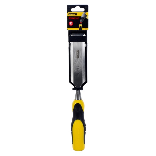 STANLEY 0-16-891 chisel with yellow and black DynaGrip handle, straight-on view on white background.