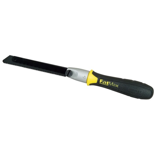 Stanley FatMax hand saw with black blade and ergonomic handle for cutting drywall or plasterboard.