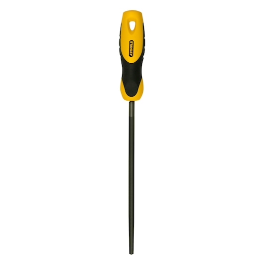 Round metal file with a yellow and black handle displayed vertically on a white background.