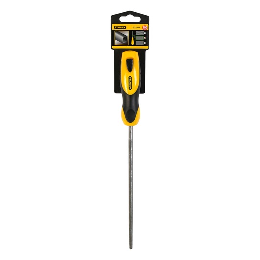 STANLEY 0-22-444 round metal file with yellow and black handle, photography on white background