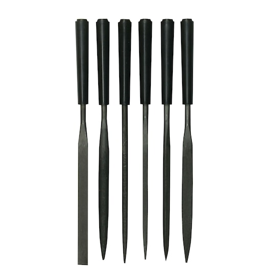 STANLEY 0-22-500 set of six metal files with black handles, front view on white background.