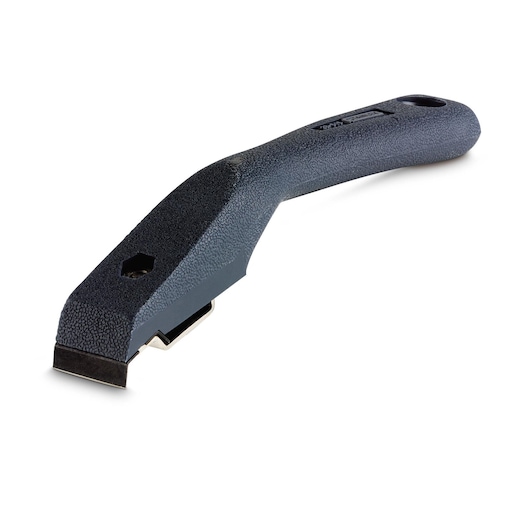 Photo of STANLEY 0-28-616 hand scraper tool with textured black handle, angled side view on white background.