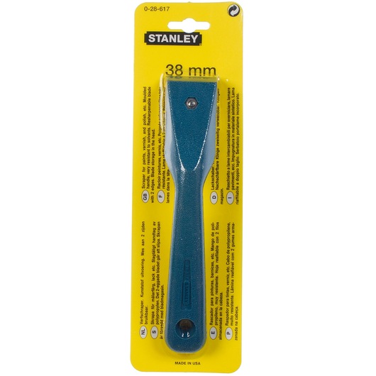 Stanley 0-28-617 scraper, 38mm, blue handle, front angle, in yellow retail packaging.