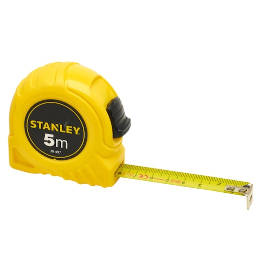 STANLEY 0-30-497 yellow 5m tape measure, side view, with extended metal measuring tape.