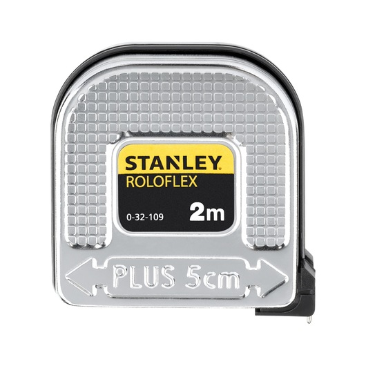 Photo of STANLEY 0-32-109 ROLOFLEX 2m tape measure, silver casing with yellow and black label, front angle.