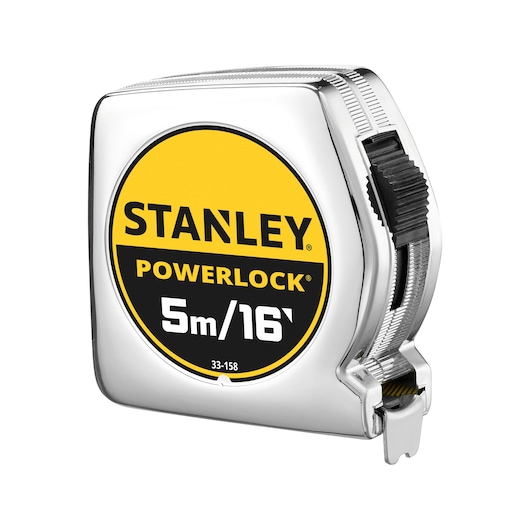STANLEY 0-33-158 PowerLock tape measure, 5m/16', silver casing, product side angle, photography.