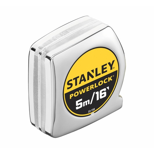 STANLEY 0-33-158 tape measure with chrome finish, PowerLock branding, 5m/16’ length, angled view on white background.