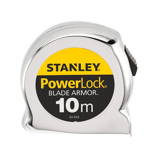 STANLEY 0-33-532 PowerLock Blade Armor 10m tape measure, chrome case, front angle, photography