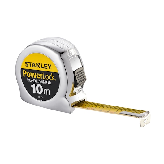 STANLEY 0-33-532 tape measure, chrome body, yellow 10m blade, PowerLock Blade Armor, front angle on white background.