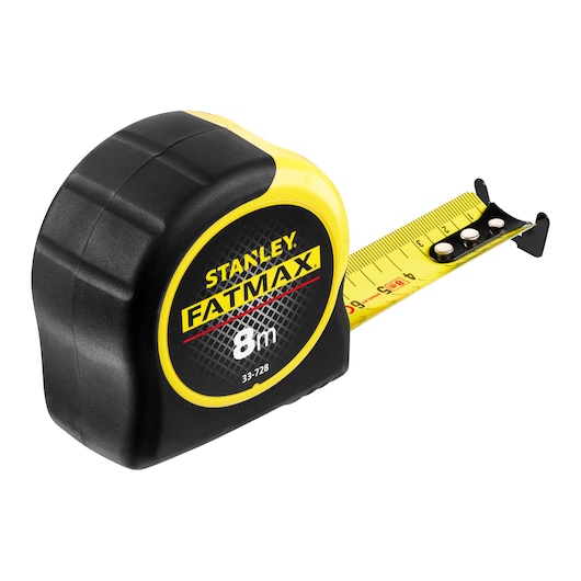 Photo of STANLEY 0-33-728 tape measure, FATMAX, 8m, black and yellow, front angled view on white background.