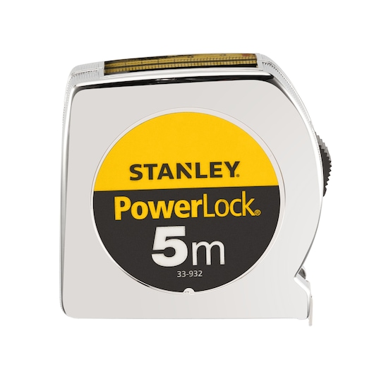 Photo of STANLEY 0-33-932 PowerLock 5m tape measure, front view, silver and yellow casing.