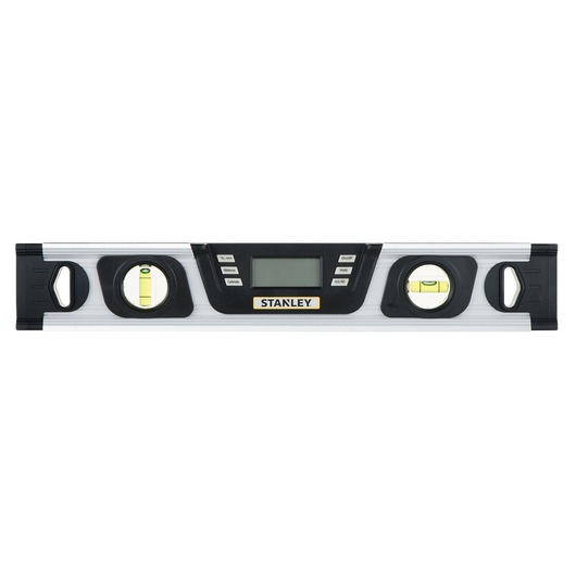 STANLEY 0-42-063 digital spirit level with LCD display, silver body, and three bubble vials, front view.