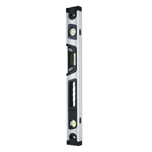 Photo of STANLEY 0-42-065 digital spirit level with LCD display, three vials, black and silver, front angle.