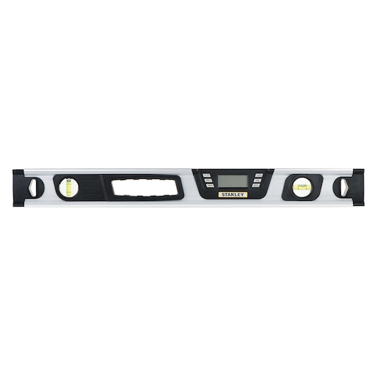 STANLEY 0-42-065 digital spirit level with LCD display, silver and black, front angle on white background.