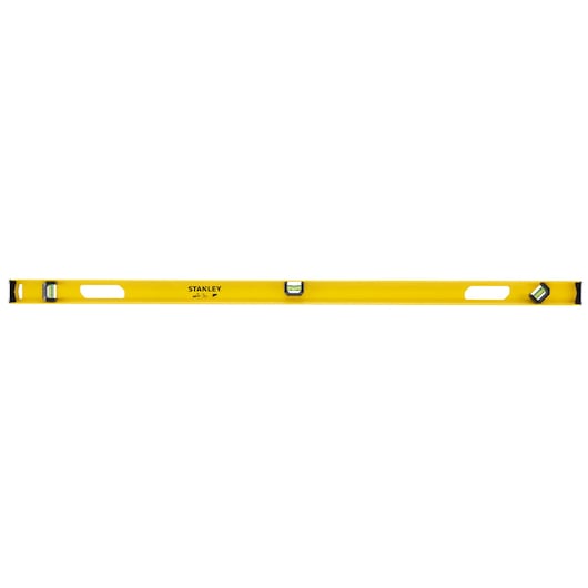 Photo of STANLEY 0-42-076 yellow spirit level, front view, with three vials and two handles.