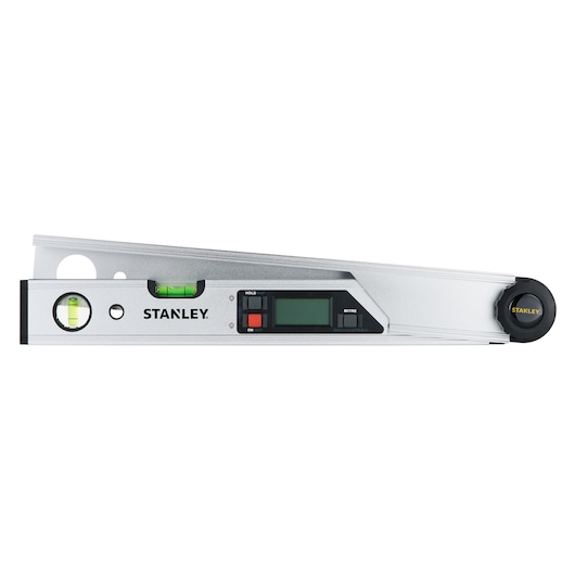 STANLEY 0-42-087 digital angle meter with display and bubble vials, photography, side view on white background.