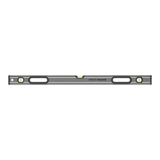 STANLEY 0-43-636 spirit level, silver body with black ends, horizontal front view, three vials, FatMax branding.