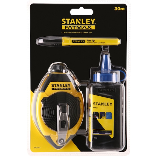 STANLEY 0-47-681 chalk line set with yellow and black reel, blue chalk powder bottle, and yellow permanent marker, front view.