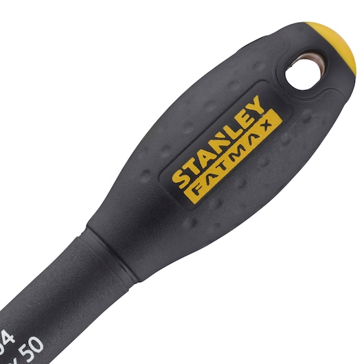 STANLEY 0-65-204 screwdriver handle close-up, black and yellow with textured grip and hanging hole, white background.