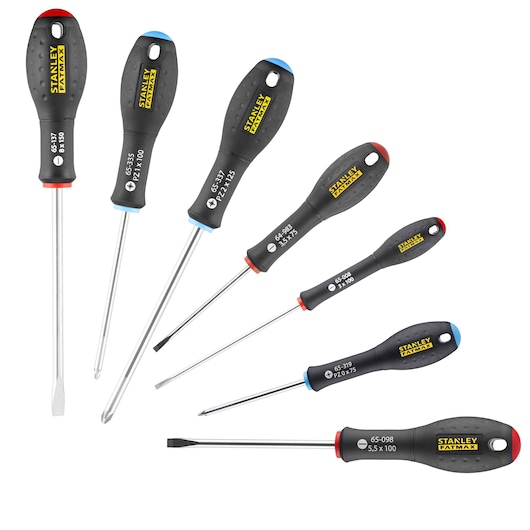 Stanley FATMAX 0-65-425 screwdriver set with black handles and colored tips, flat and Phillips, top angle photo.