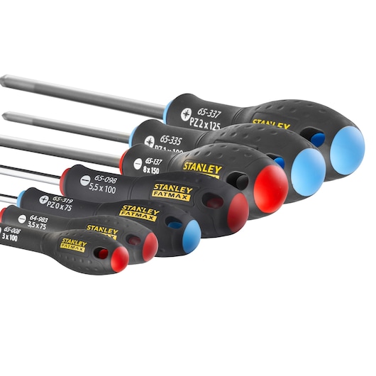 Set of Stanley Fatmax screwdrivers with black handles and color-coded ends, displayed in a row.