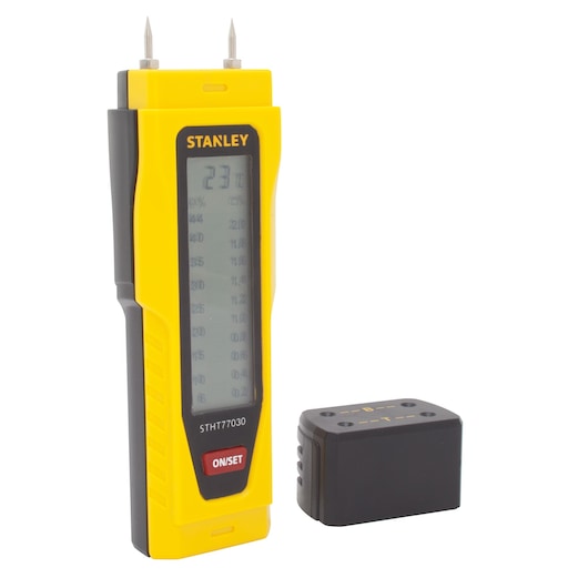 Photo of STANLEY 0-77-030 moisture meter, yellow and black handheld device with digital display, shown front angle.