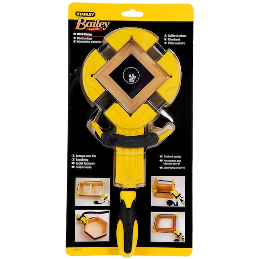 Stanley 0-83-100 band clamp, yellow and black, shown in retail packaging, photography front angle.
