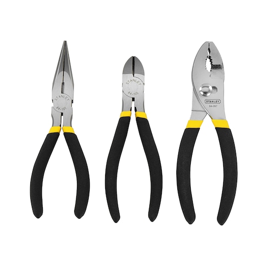 Three STANLEY pliers with black and yellow handles, displayed vertically against a white background.