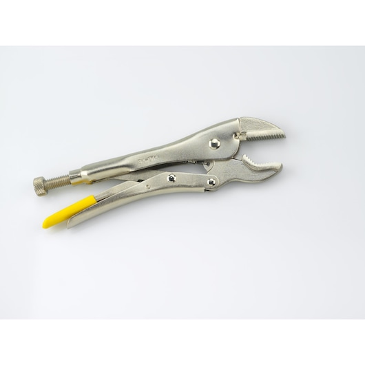 Metal locking pliers with serrated jaws and yellow handle grip are shown on a white background.