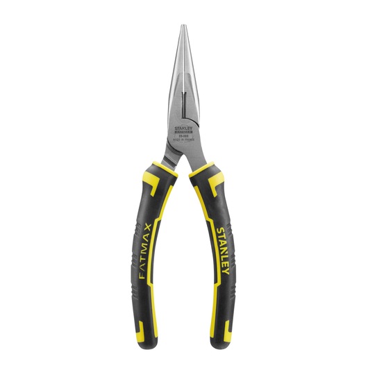 STANLEY 0-89-869 long nose pliers with black and yellow handles, front view on white background.