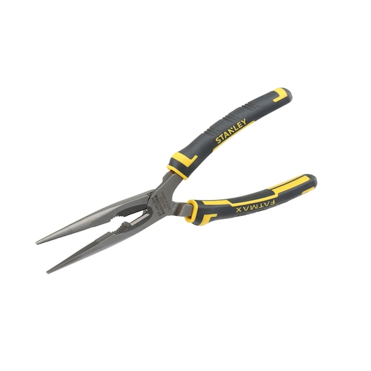 Stanley long nose pliers with black and yellow handles. Tool for gripping and cutting wires.