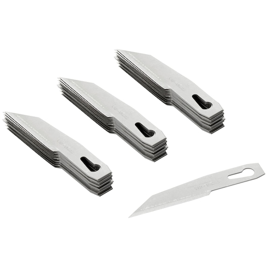 STANLEY 1-11-221 replacement utility knife blades, 4 stacks of silver blades shown on white background.
