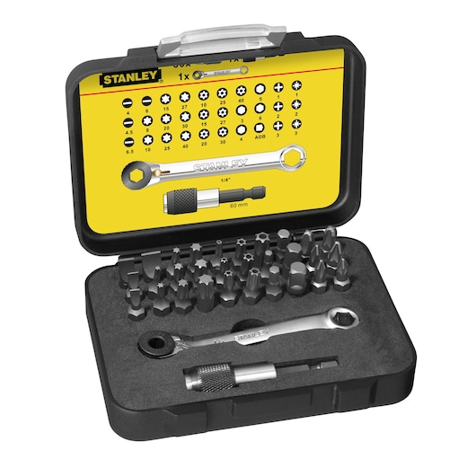 Stanley bit and ratchet set in a black case with bits and wrench, displayed with a yellow guide inside the lid.