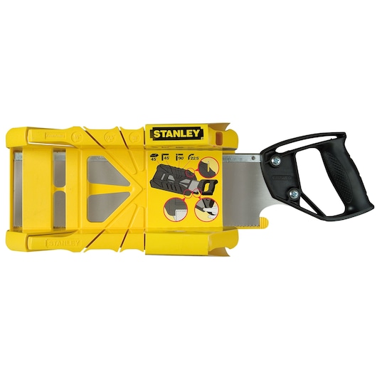 STANLEY 1-19-800 yellow mitre box with saw, angled front product view.