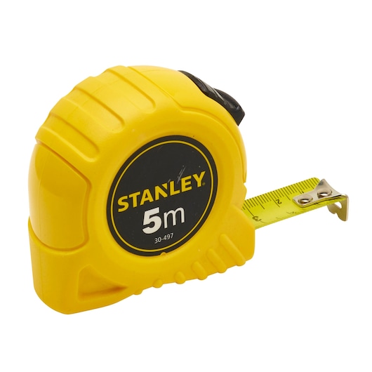 Photo of STANLEY 1-30-497 5m yellow tape measure, side angle, with partially extended measuring tape.