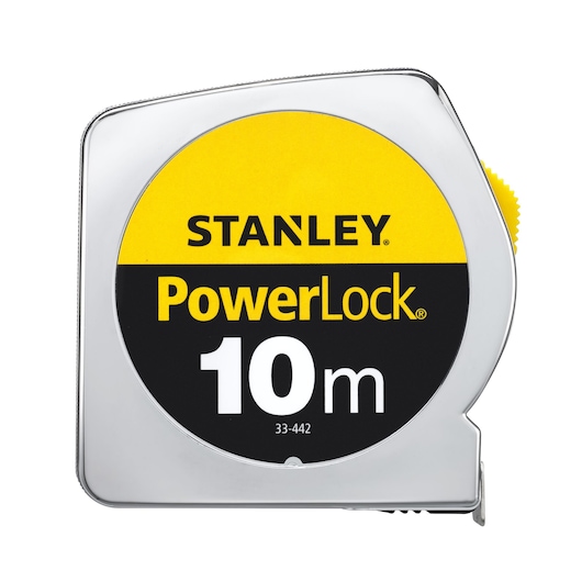STANLEY 1-33-442 PowerLock 10m tape measure, front angle, silver case with yellow and black label.